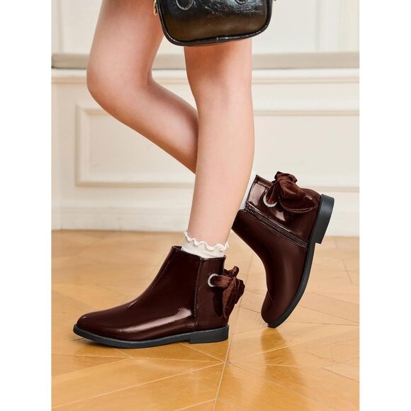 🆕Girls Dark Brown Faux Leather Ankle Bow Chunky Low Heel Side Zipper Dress Boot - Picture 5 of 9